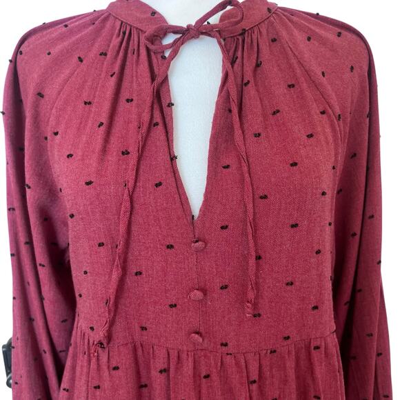 ZARA WOMENS MAROON BLACK SWISS DOT TIERED BALLOON SLEEVE MINI BOHO FLOWY DRESS M - Picture 4 of 11